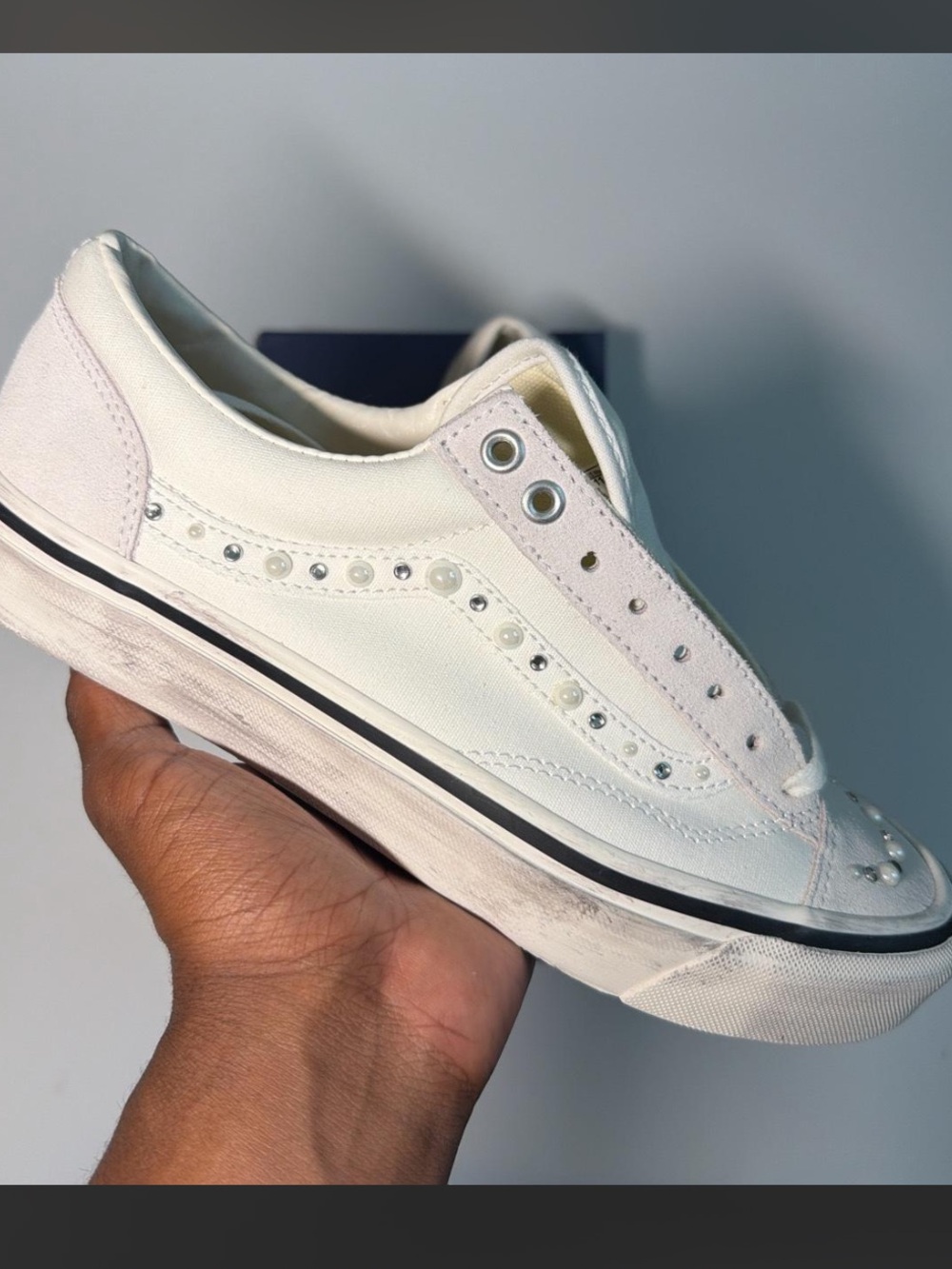 Pearlized Vans White Canvas Low-Top Sneakers with Rhinestone Details